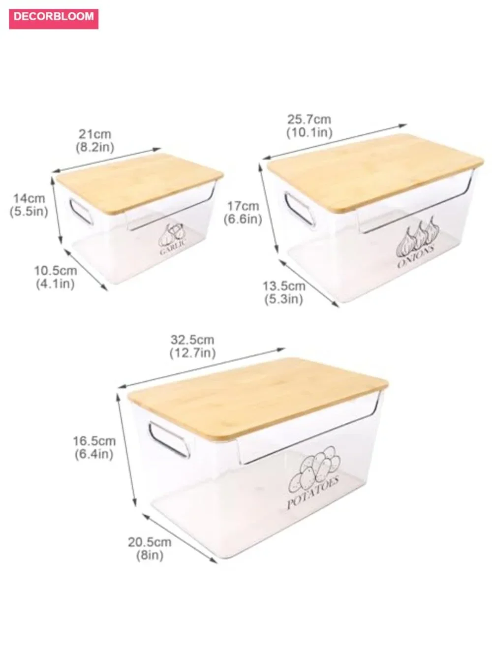 Clear Acrylic Food Storage Bins with Bamboo Lids, Set of 3 for Potato Onion